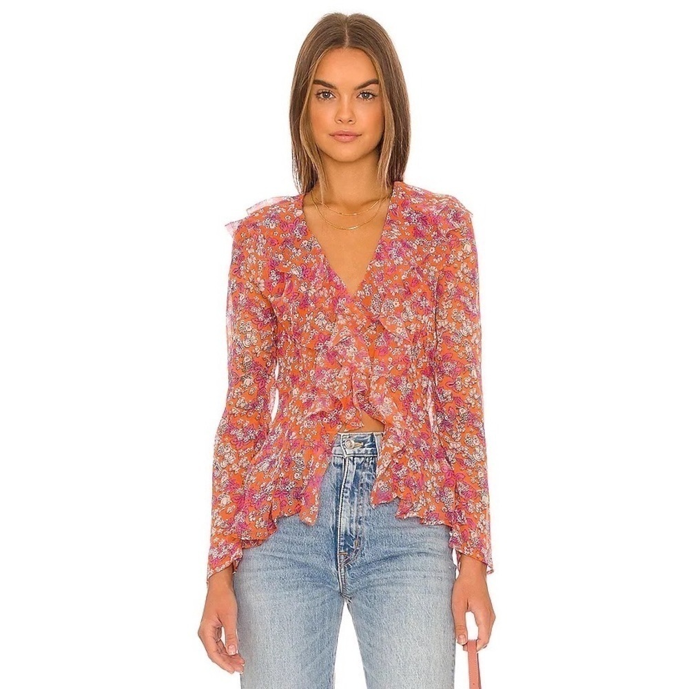 NWT Free People Nina Printed Floral Light Cardigan Top with ruffles